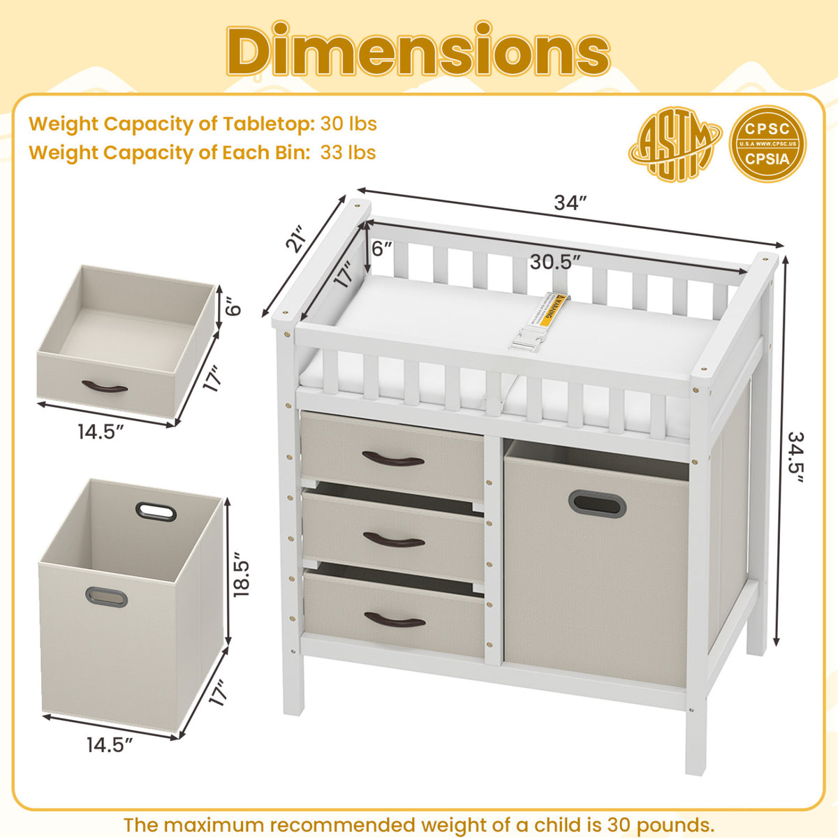 Wooden Baby Changing Table Diaper Changing Station with 3 Fabric Storage Drawers-Beige
