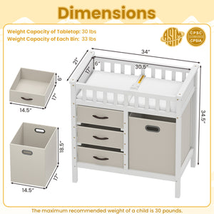 Wooden Baby Changing Table Diaper Changing Station with 3 Fabric Storage Drawers-Beige