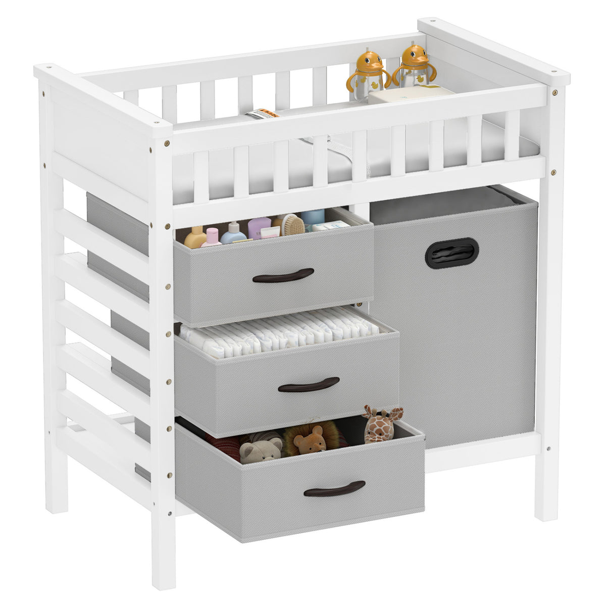 Wooden Baby Changing Table Diaper Changing Station with 3 Fabric Storage Drawers-Grey