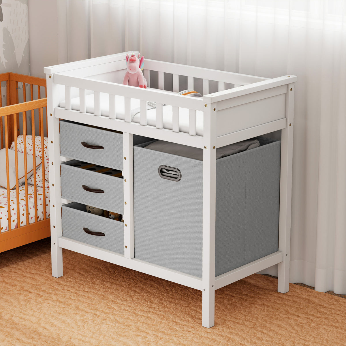 Wooden Baby Changing Table Diaper Changing Station with 3 Fabric Storage Drawers-Grey