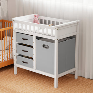 Wooden Baby Changing Table Diaper Changing Station with 3 Fabric Storage Drawers-Grey