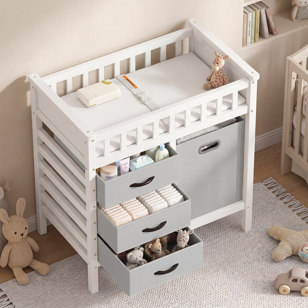 Wooden Baby Changing Table Diaper Changing Station with 3 Fabric Storage Drawers-Grey