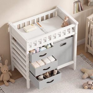Wooden Baby Changing Table Diaper Changing Station with 3 Fabric Storage Drawers-Grey