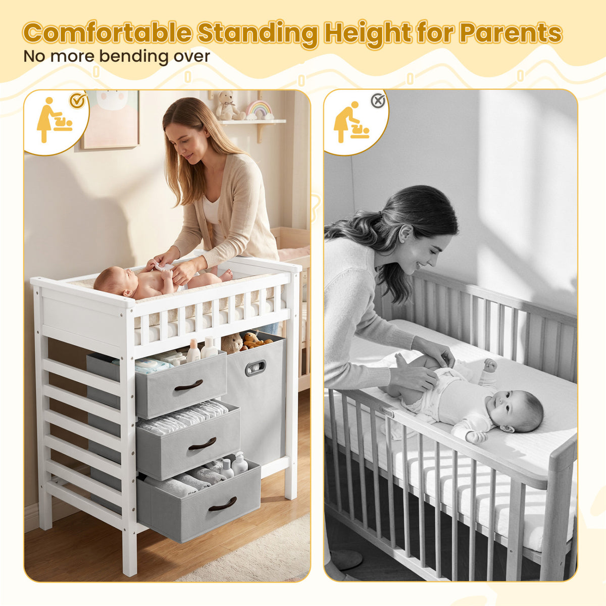 Wooden Baby Changing Table Diaper Changing Station with 3 Fabric Storage Drawers-Grey