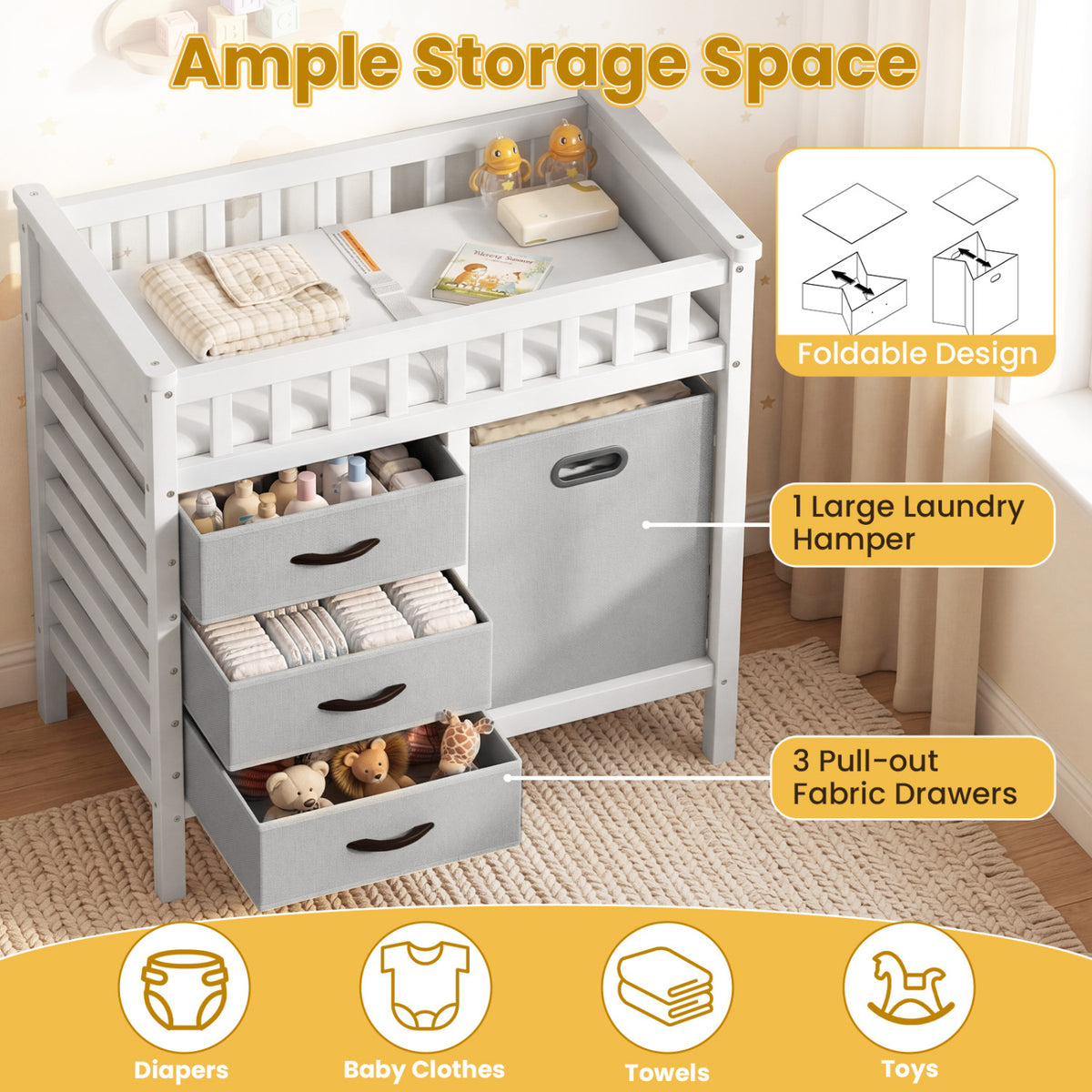 Wooden Baby Changing Table Diaper Changing Station with 3 Fabric Storage Drawers-Grey