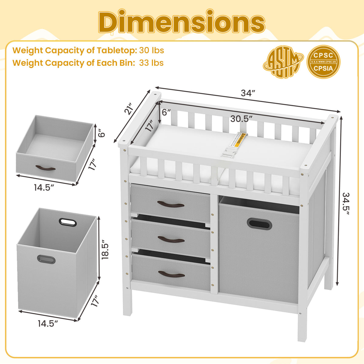 Wooden Baby Changing Table Diaper Changing Station with 3 Fabric Storage Drawers-Grey