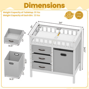 Wooden Baby Changing Table Diaper Changing Station with 3 Fabric Storage Drawers-Grey