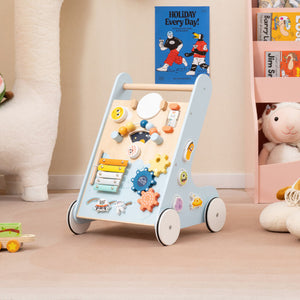 Wooden Baby Walker Push and Pull Learning Activity Center with Wheels for Toddlers 1+ Years Old-Blue