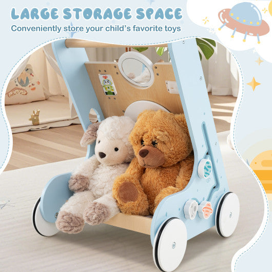 Wooden Baby Walker Push and Pull Learning Activity Center with Wheels-Blue