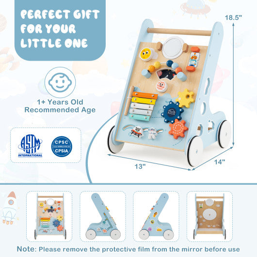 Wooden Baby Walker Push and Pull Learning Activity Center with Wheels for Toddlers 1+ Years Old-Blue