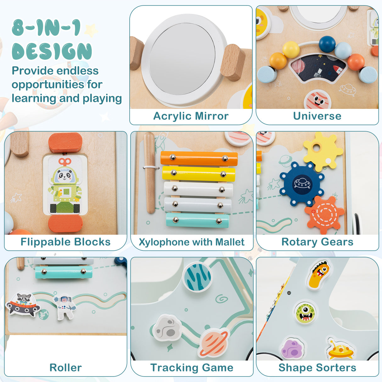 Wooden Baby Walker Push and Pull Learning Activity Center with Wheels for Toddlers 1+ Years Old-Green