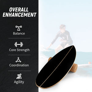Wooden Balancing Board with Cork Roller and Storage Rack to Exercise-Black