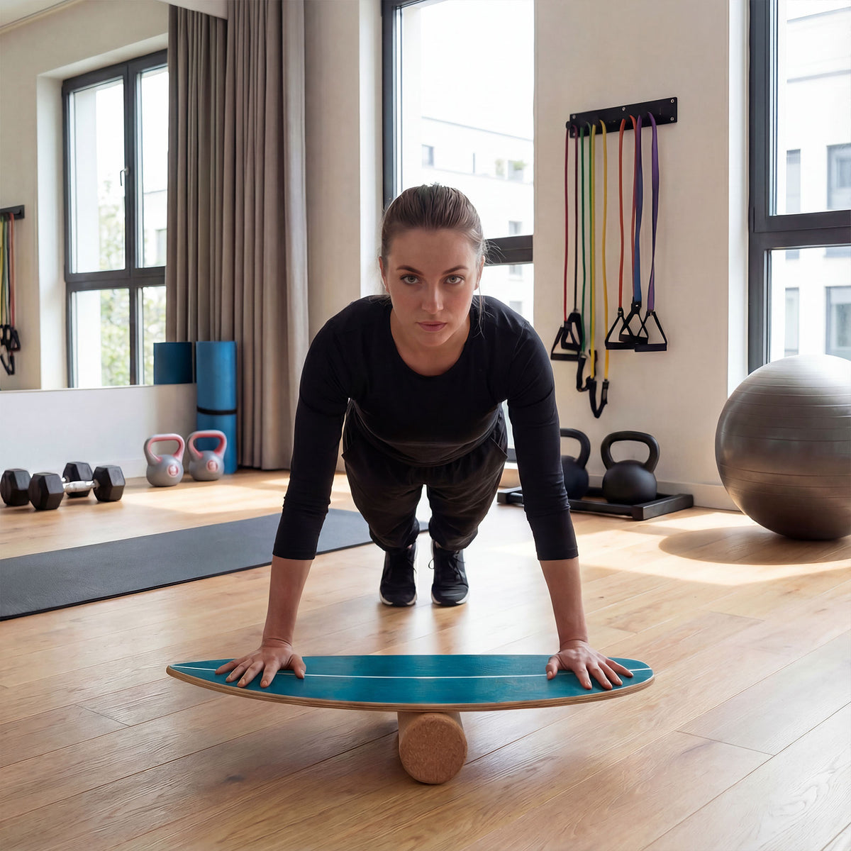 Wooden Balancing Board with Cork Roller and Storage Rack to Exercise-Blue