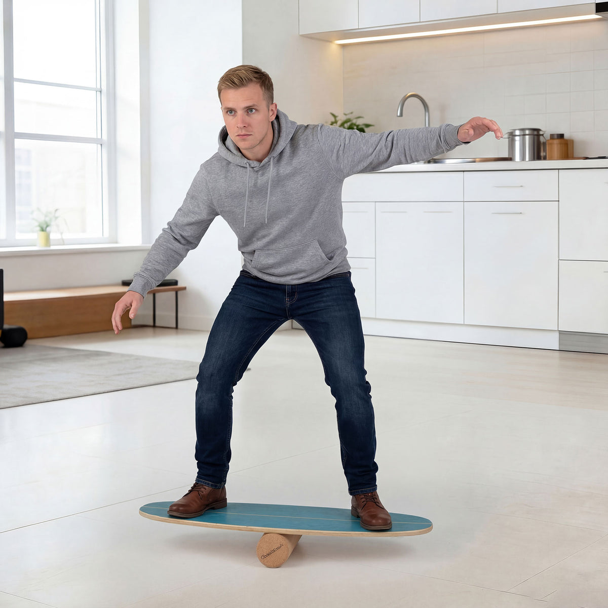 Wooden Balancing Board with Cork Roller and Storage Rack to Exercise-Blue