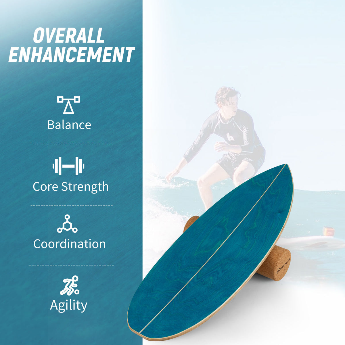 Wooden Balancing Board with Cork Roller and Storage Rack to Exercise-Blue