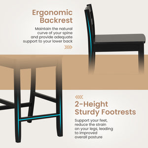 Wooden Bar Stools Set of 2 with Ergonomic Backrest and Footrest-Black