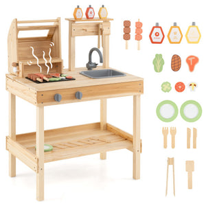 Wooden Barbecue Grill Playset with Play Food and Open Shelves-Natural