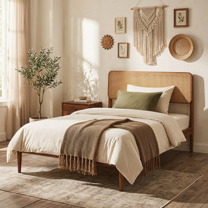 Wooden Boho Rattan Brown Bed Frame with Wooden Slat Support-Twin