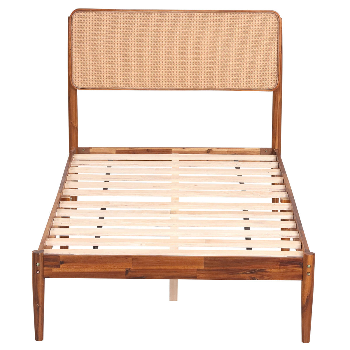Wooden Boho Rattan Brown Bed Frame with Wooden Slat Support-Twin