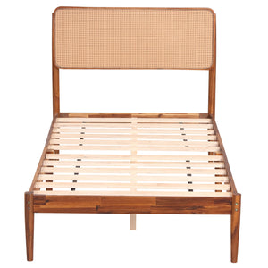 Wooden Boho Rattan Brown Bed Frame with Wooden Slat Support-Twin