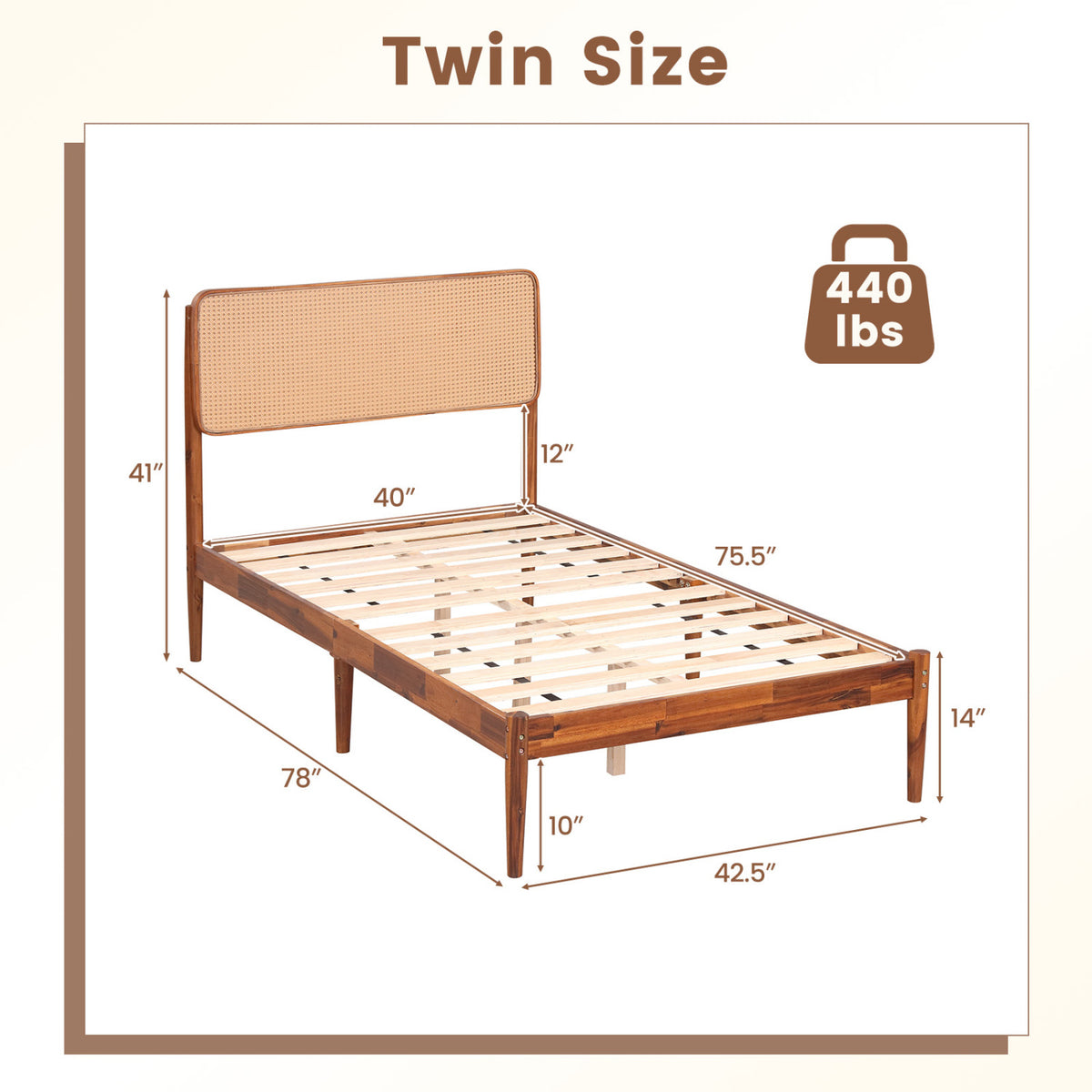 Wooden Boho Rattan Brown Bed Frame with Wooden Slat Support-Twin