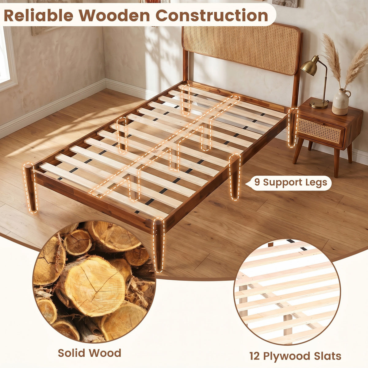 Wooden Boho Rattan Brown Bed Frame with Wooden Slat Support-Twin