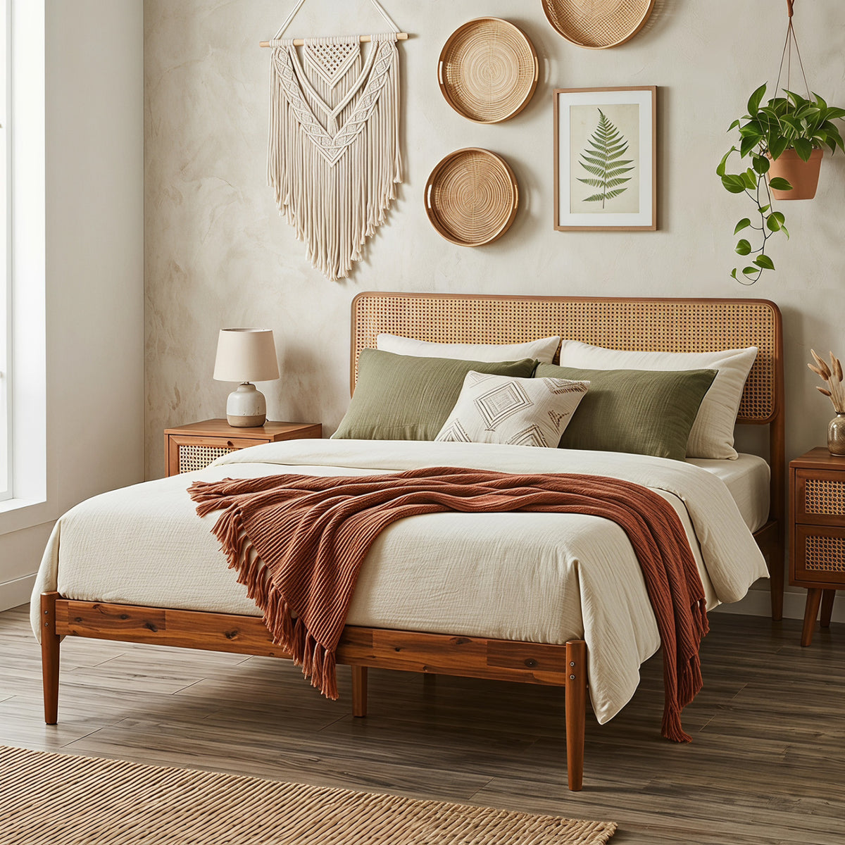 Wooden Boho Rattan Brown Bed Frame with Wooden Slat Support-Full