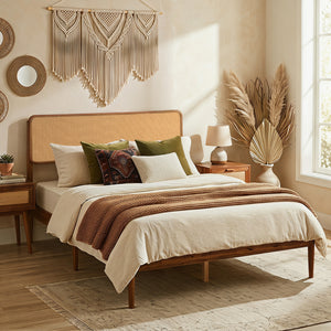 Wooden Boho Rattan Brown Bed Frame with Wooden Slat Support-Full