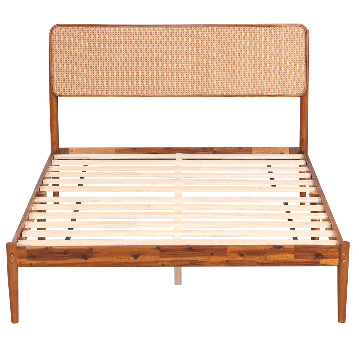 Wooden Boho Rattan Brown Bed Frame with Wooden Slat Support-Full