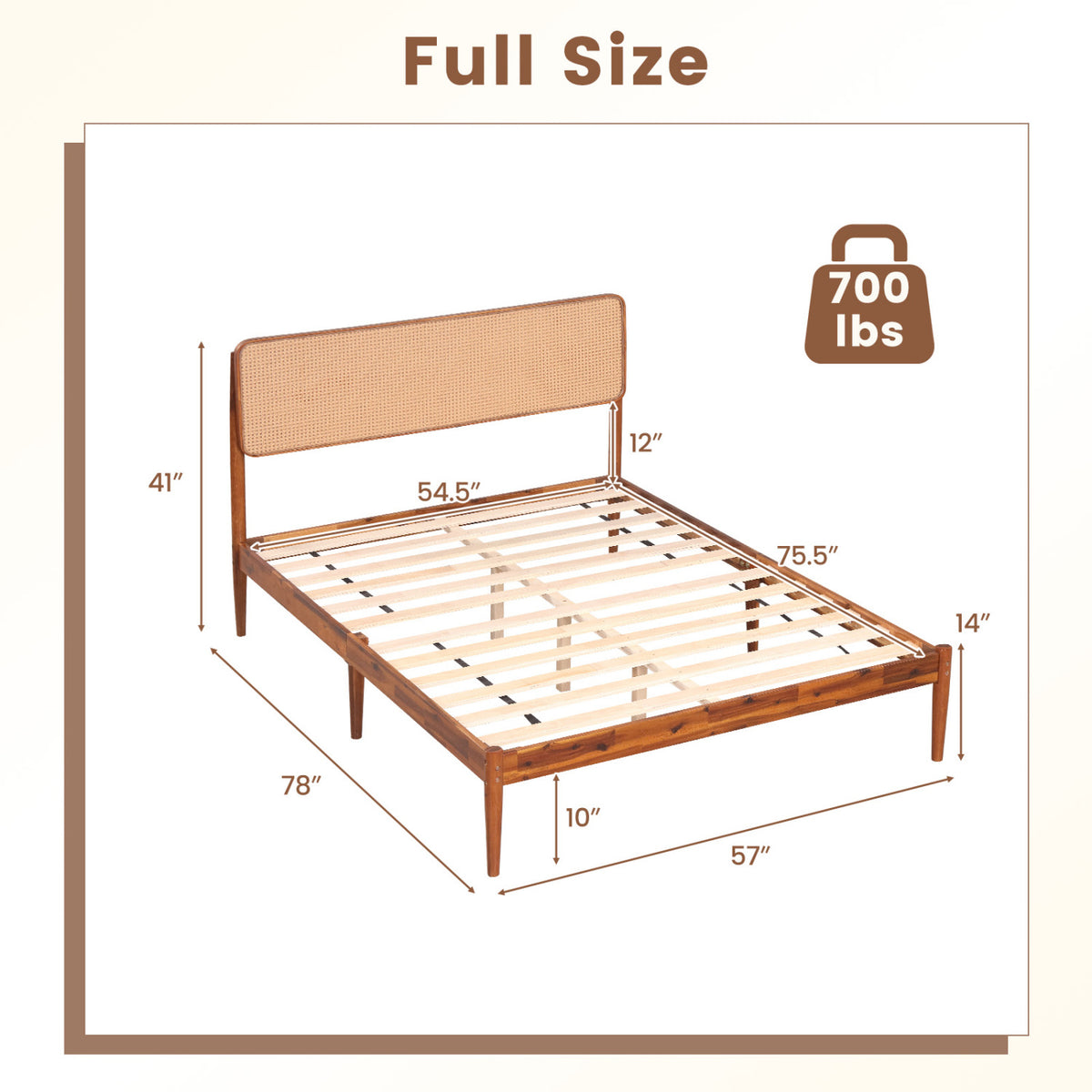 Wooden Boho Rattan Brown Bed Frame with Wooden Slat Support-Full