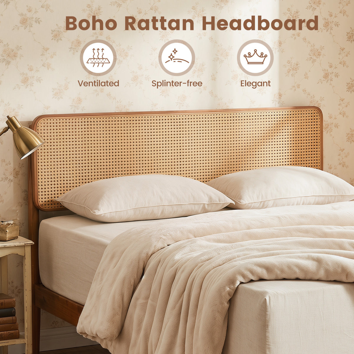Wooden Boho Rattan Brown Bed Frame with Wooden Slat Support-Full