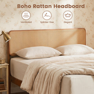 Wooden Boho Rattan Brown Bed Frame with Wooden Slat Support-Full