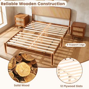 Wooden Boho Rattan Brown Bed Frame with Wooden Slat Support-Full
