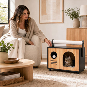 Wooden Cat House with Scratching Post-Black