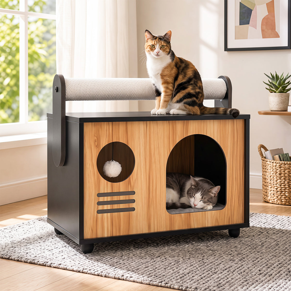 Wooden Cat House with Scratching Post-Black