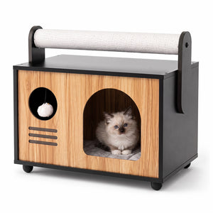 Wooden Cat House with Scratching Post-Black