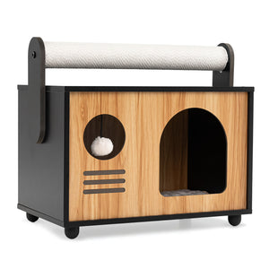 Wooden Cat House with Scratching Post-Black