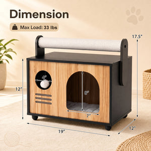 Wooden Cat House with Scratching Post-Black