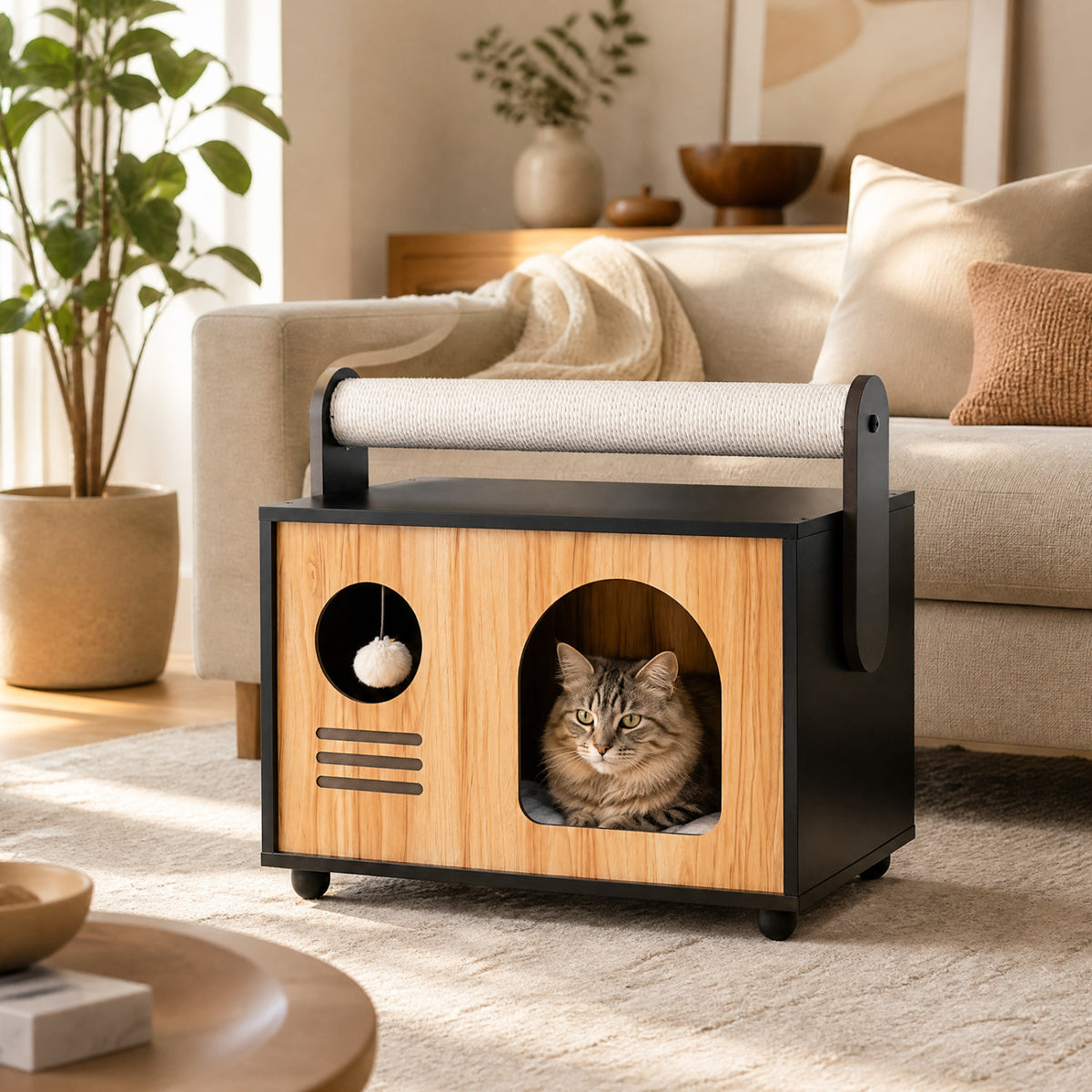 Wooden Cat House with Scratching Post-Black