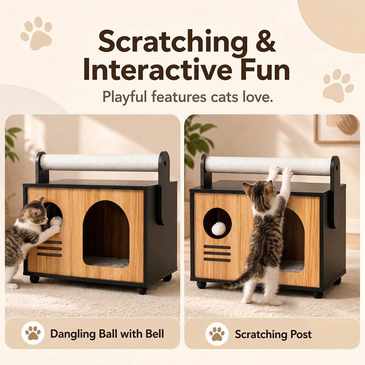 Wooden Cat House with Scratching Post-Black