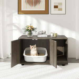 Wooden Cat Litter Box Enclosure Hidden Litter Box Furniture with Scratching Board-Oak