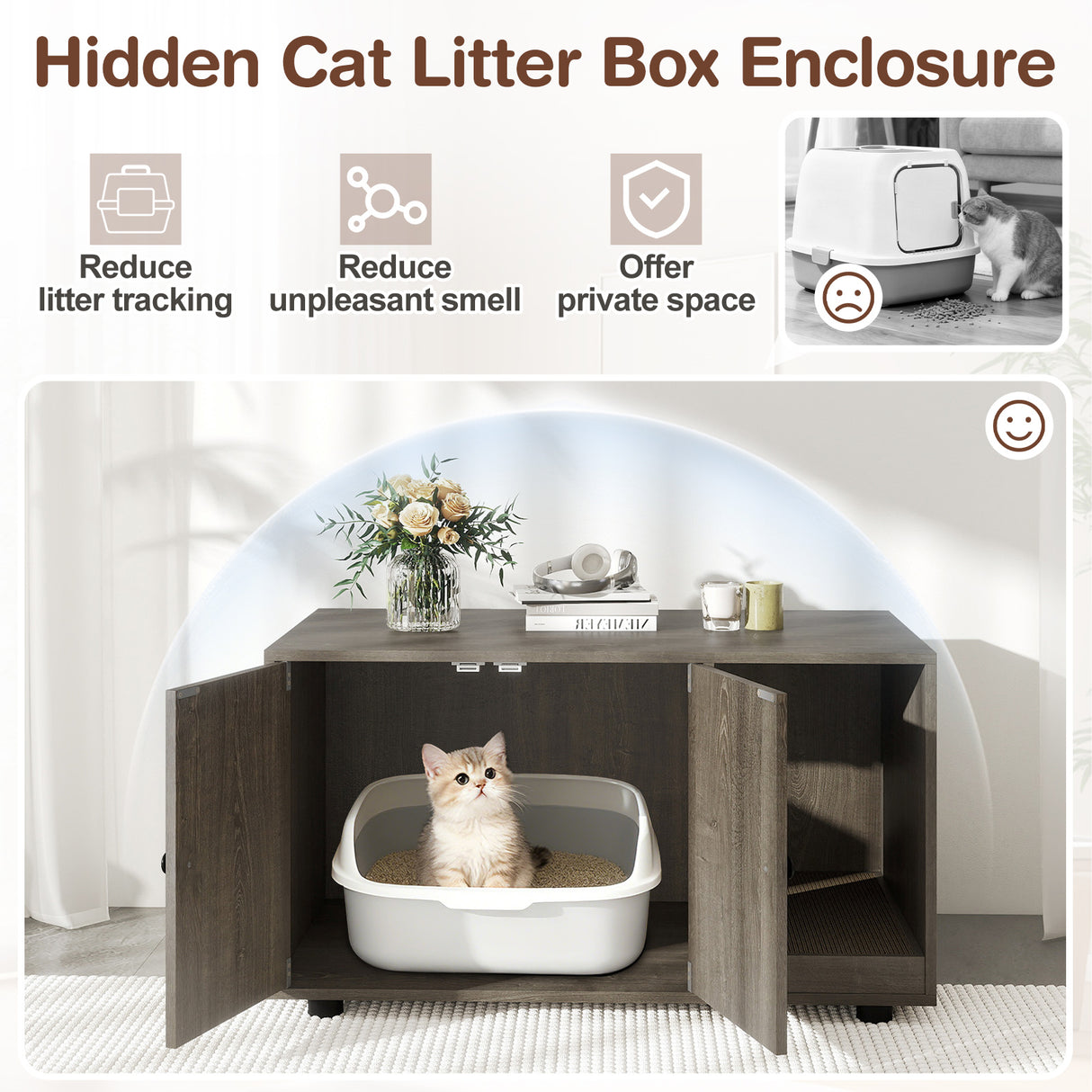 Wooden Cat Litter Box Enclosure Hidden Litter Box Furniture with Scratching Board-Oak