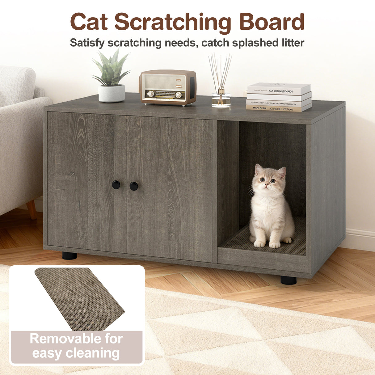 Wooden Cat Litter Box Enclosure Hidden Litter Box Furniture with Scratching Board-Oak