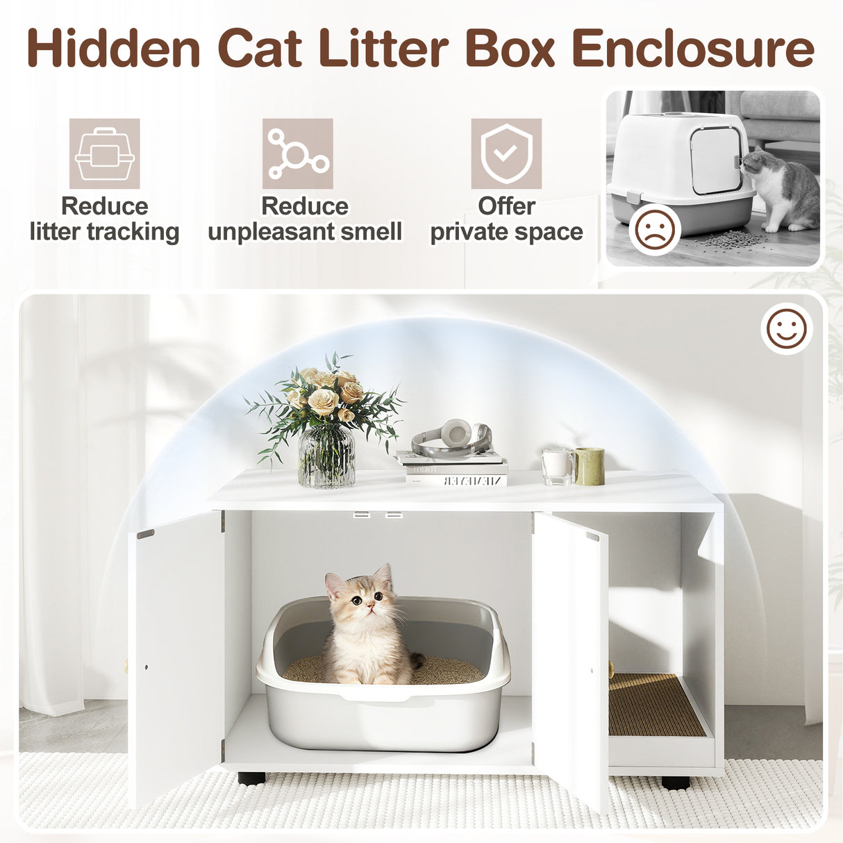 Wooden Cat Litter Box Enclosure Hidden Litter Box Furniture with Scratching Board-White