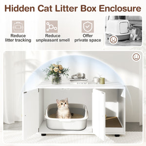 Wooden Cat Litter Box Enclosure Hidden Litter Box Furniture with Scratching Board-White