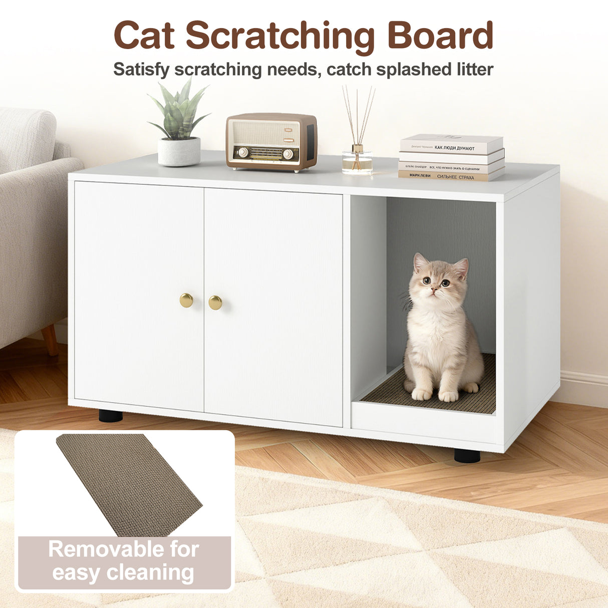 Wooden Cat Litter Box Enclosure Hidden Litter Box Furniture with Scratching Board-White