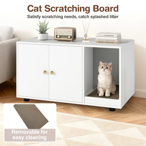 Wooden Cat Litter Box Enclosure Hidden Litter Box Furniture with Scratching Board-White