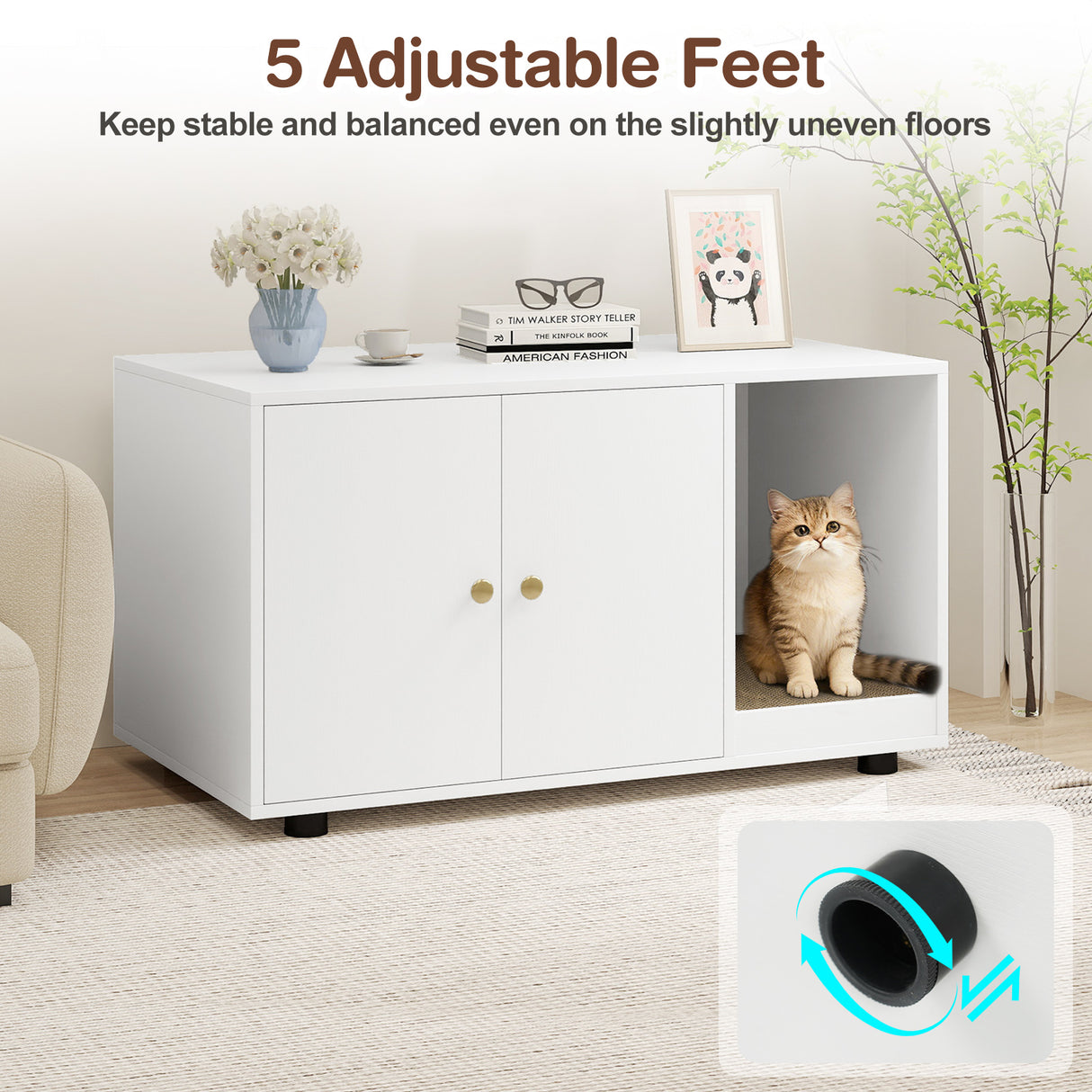 Wooden Cat Litter Box Enclosure Hidden Litter Box Furniture with Scratching Board-White