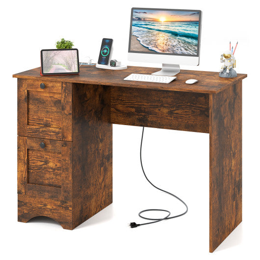 Wooden Computer Desk Workstation with 3 Drawers for Home and Office-Rustic Brown