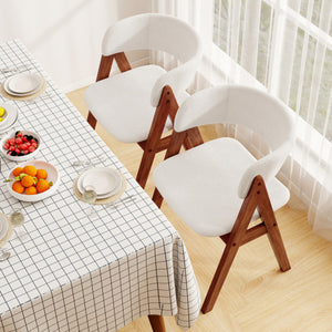 Wooden Dining Chair Set of 2 Mid-Century Modern Sherpa Upholstered Kitchen Dining Room Chairs-Walnut